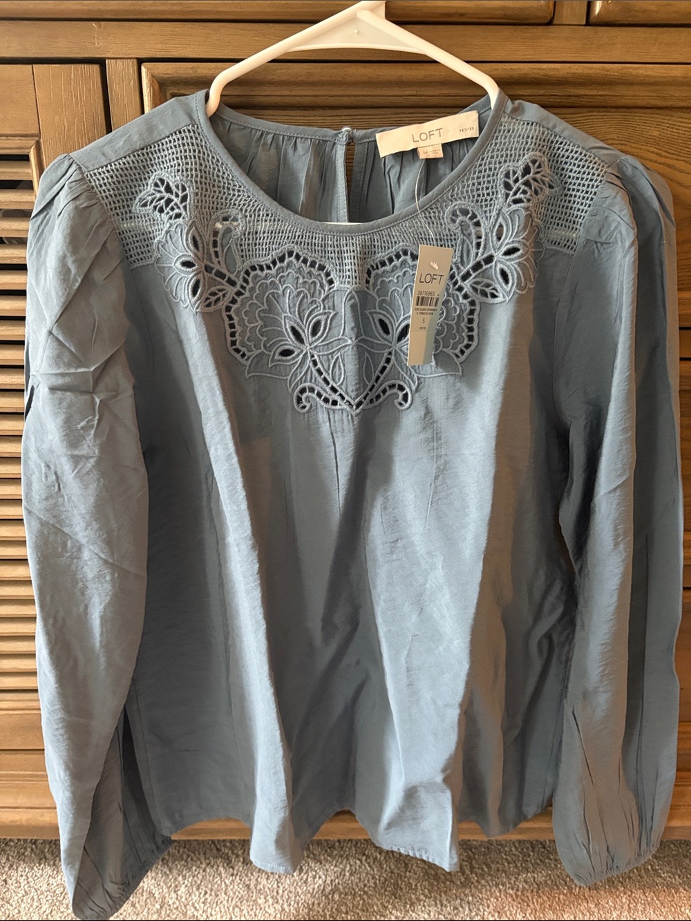 LOFT Dusty Blue Embroidered Yoke Long Sleeve Blouse